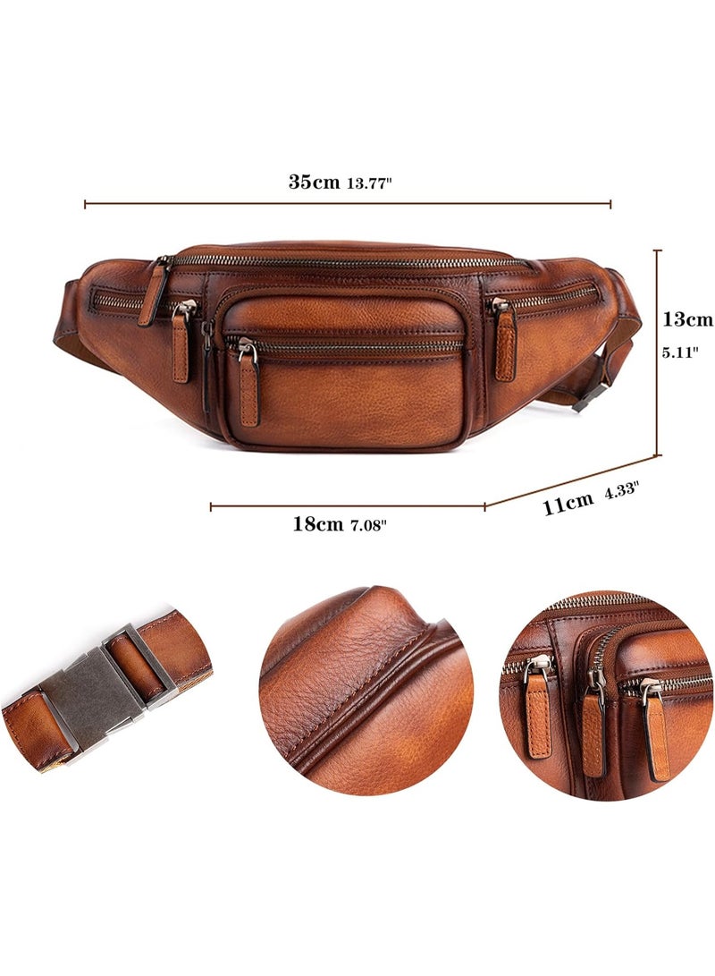 Genuine Leather Fanny Pack Waist Bag for Men Women Hip Bum Bag Travel Pouch Sling Bag Crossbody Chest Bags Shoulder Daypack Multiple Pockets Waist Pack Brown - Image 4